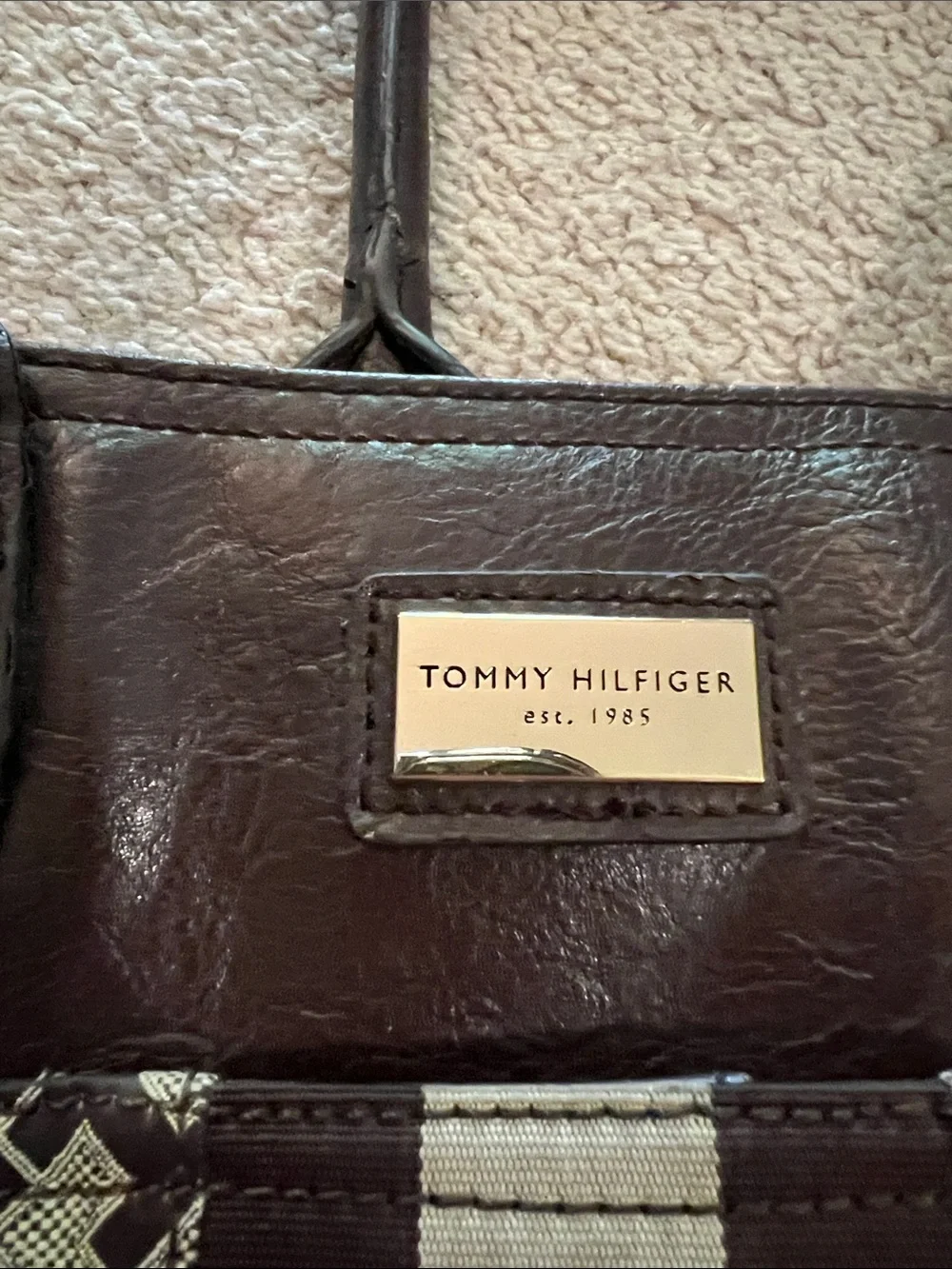 Tommy Hilfiger Brown and Cream Signature Stripe Tote
